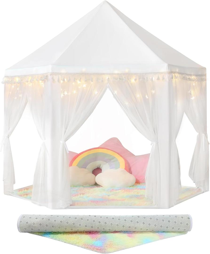 Princess Tent for Girls Indoor: with Rainbow Rug, Star Lights - White Play Tent for Kids, Girls Toys for Indoor Princess Games, 48x52"/ Rug, Little Star Lights, Projector
