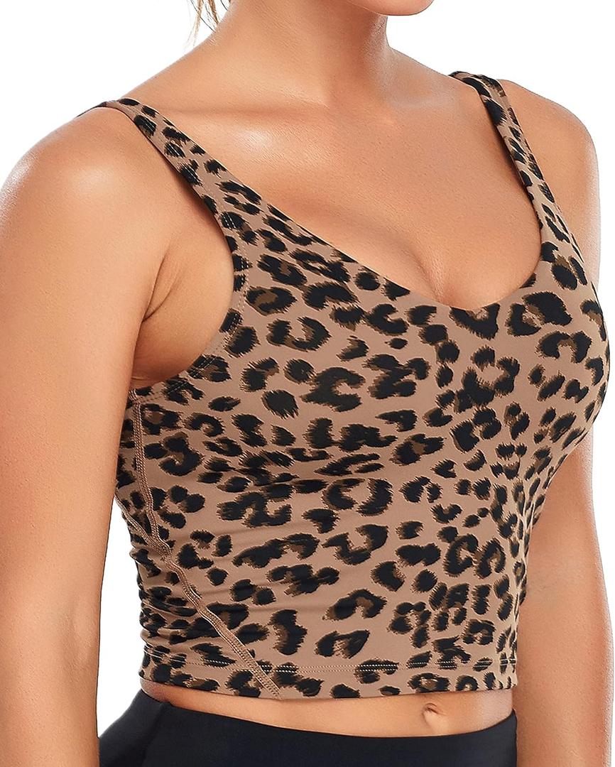 Oalka Sports Bra Womens Longline Padded Crop Tank Yoga Bras Workout Fitness Top Khaki Leopard L
