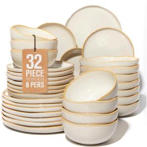 Pokini 32 Piece Dinnerware Set for 8 with Pasta Bowls, Yellow White Reactive Glaze Stoneware | All‑in‑One Host Set for Entertaining, Holiday Meals, Multi‑Course Dish Set | Unique Irregular Look