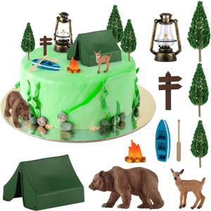 Hooqict 12 Pcs Camping Cake Decorations Set with Mini Tent, Campfire, Tree, Camp Sign, Safari Animals Camping Cake Toppers for Kids Adults Forest Themed Birthday Party Supplies
