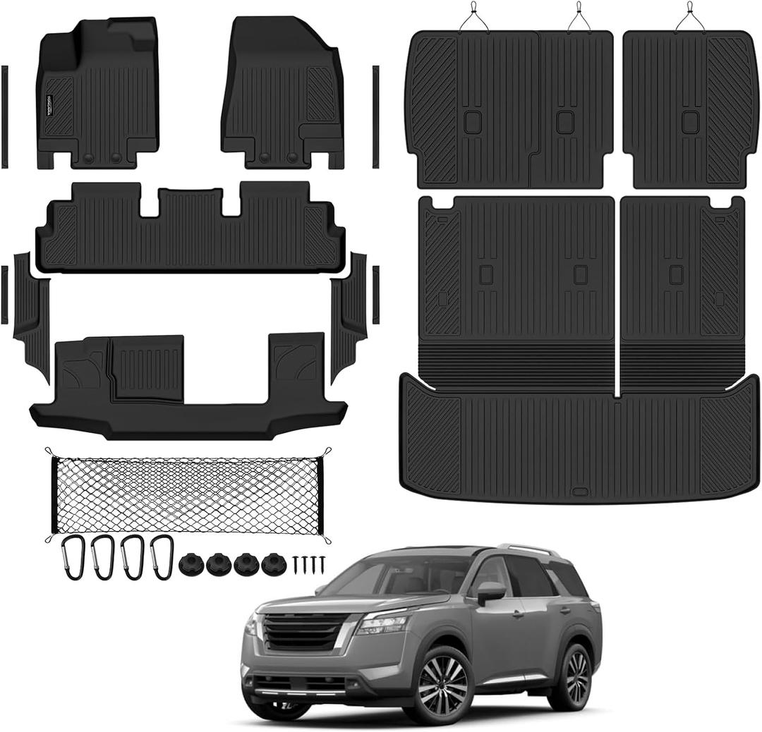 Tongama-Floor Mats for 2022-2026 Nissan Pathfinder 8 Seat with Bench Seats, All Weather TPE Trunk Mat with Backrest Mat & 2nd Row Backrest Mats & Cargo Net & Full Coverage Door Sill Guards Kit