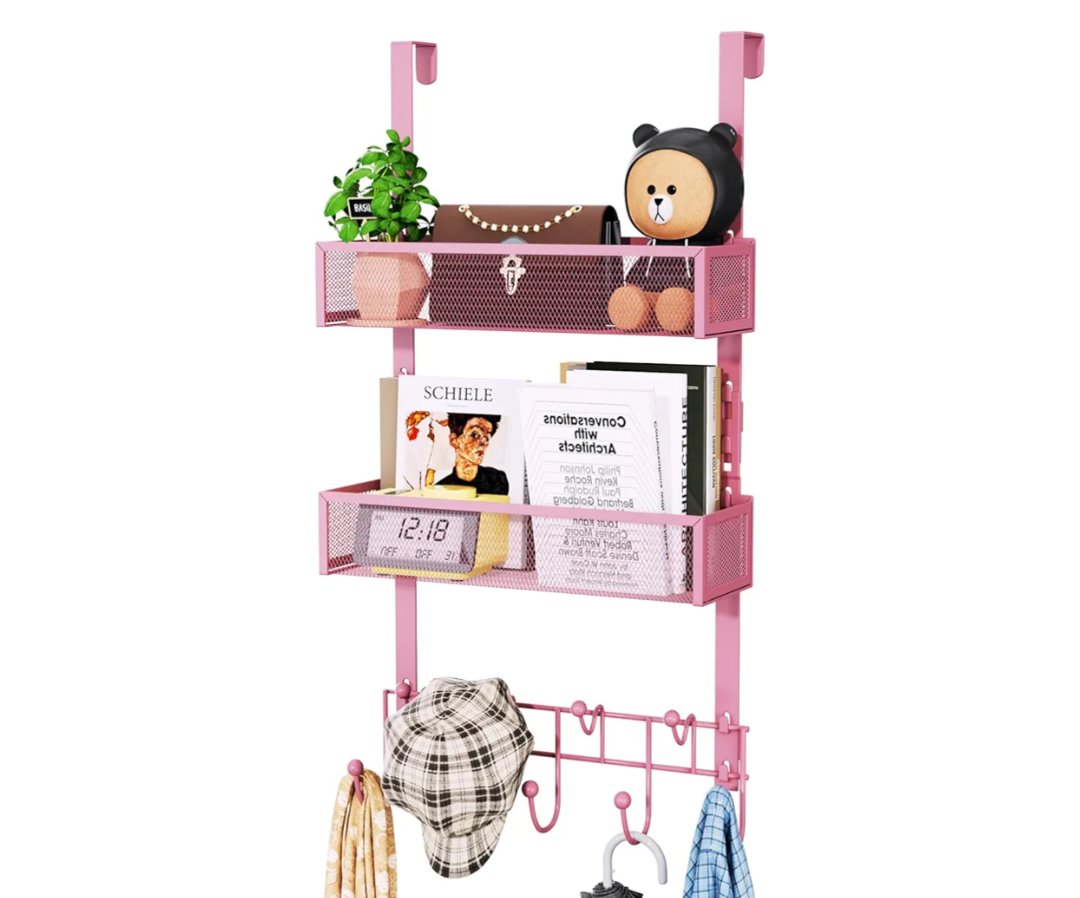 HapiRm Over The Door Hanger with Coat Hooks and 2 Baskets, Rustproof & Waterproof Pink Over The Door Hooks, Storage Organizer for Hats, Bathroom, Kitchen, Bedroom - Pink
