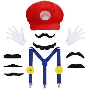 ANCOSJOY Bros Mary & Luigi Hat Costume Mustaches Gloves Buttons for Halloween Costume Cosplay