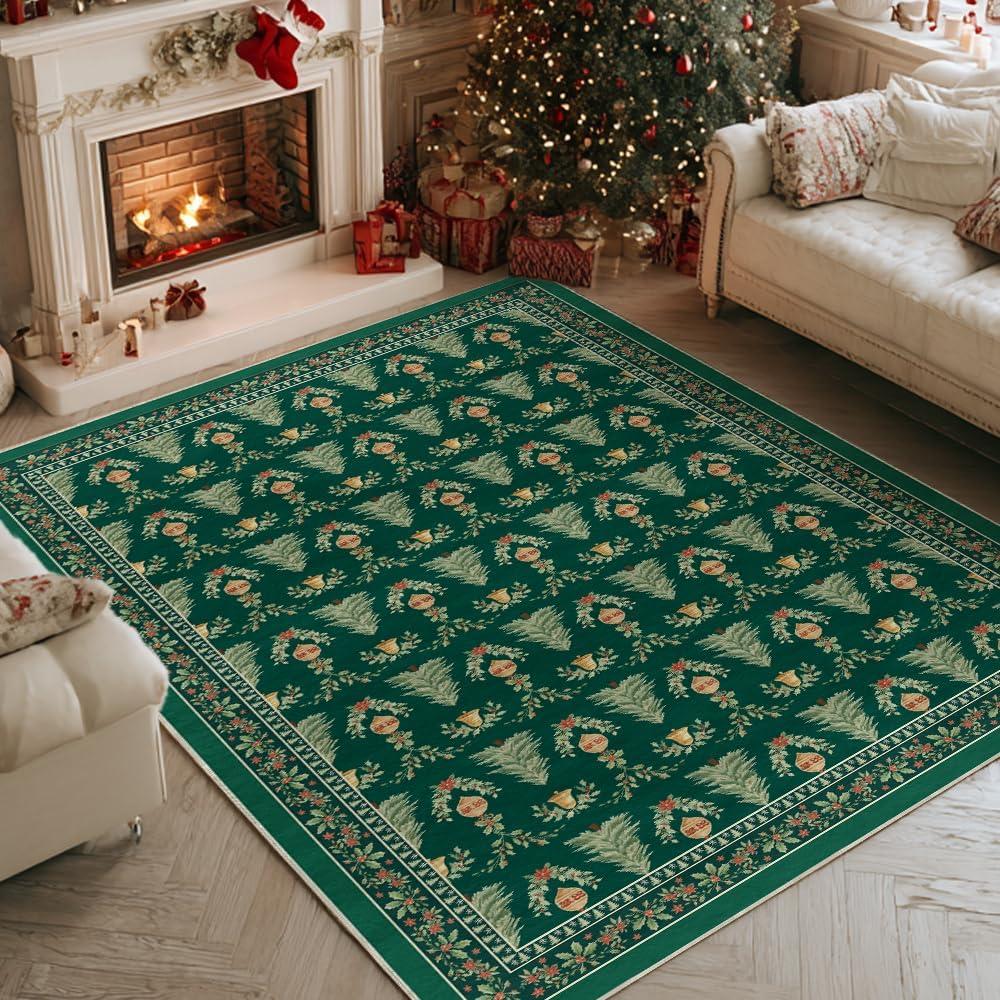 Artoid Mode Green Xmas Tree Mistletoe Christmas Area Rug, Winter Home Decor Low-Profile Non-Slip Washable Large Rug for Living Room Bedroom Farmhouse Dining Room Kids Playroom 5x7 Feet