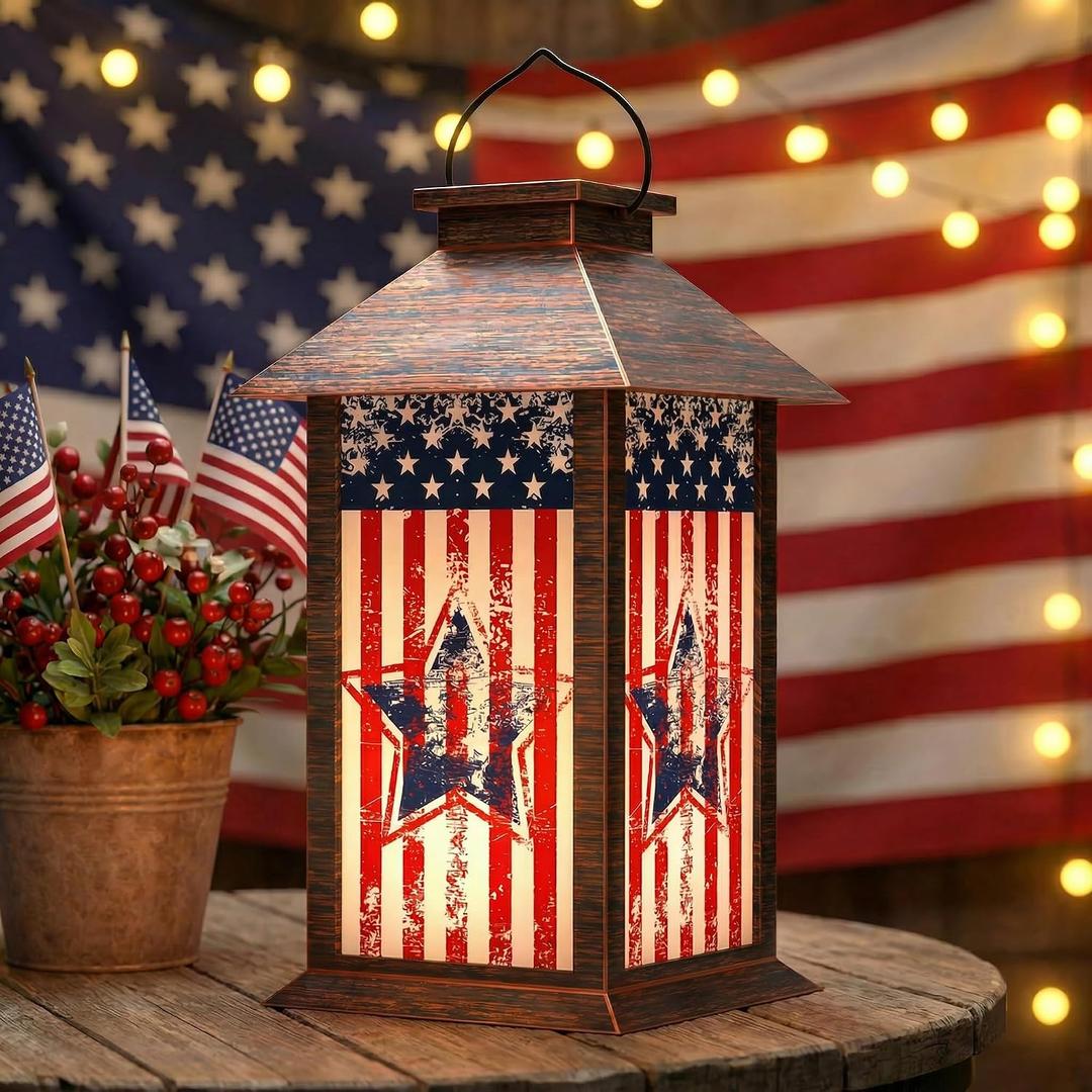 4th of July Solar Lanterns Outdoor Waterproof, American Flag Hanging Lantern with Flickering LED Candle, 13" Patriotic Lanterns Independence Day Decorations for Patio Porch Garden Yard Pathway, 1 Pack