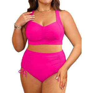 Daci Women Plus Size High Waisted Bikini Set - Two Piece Swimsuits Tummy Control Bathing Suit Ruched Bottom 2025 (Hot Pink)