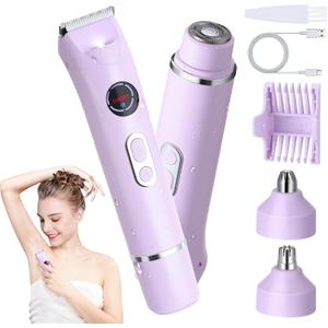4-in-1 Bikini Trimmer for Women, 12,000 RPM Painless Electric Shaver for Women Pubic Hair Removal, IPX7 Waterproof with LED Light, Cordless Body Hair Trimmer for Bikini Area, Face, Arms & Legs (Purple)