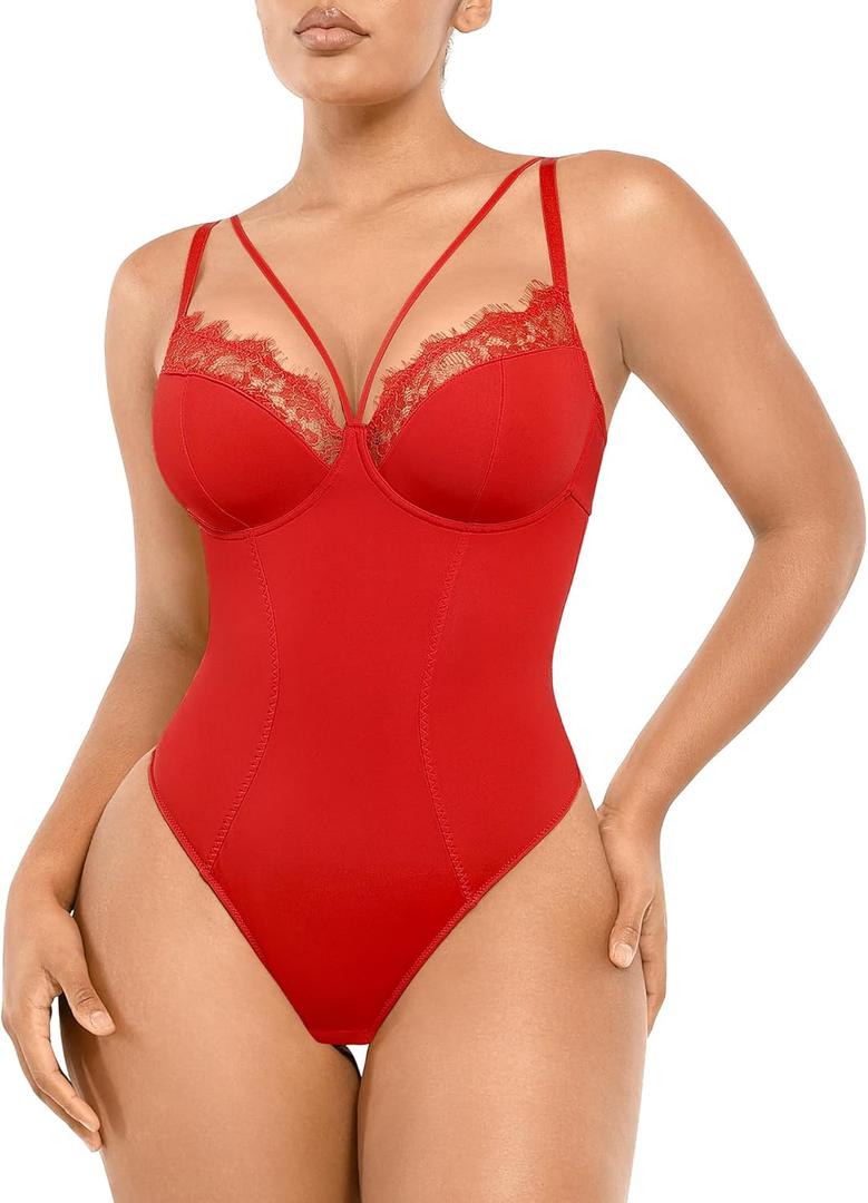 SHAPELLX Women's Shapewear Lace Bodysuit Tummy Control Body Suits Waist Sculpting V Neck Thong Corset Tops (Medium, A2-red)