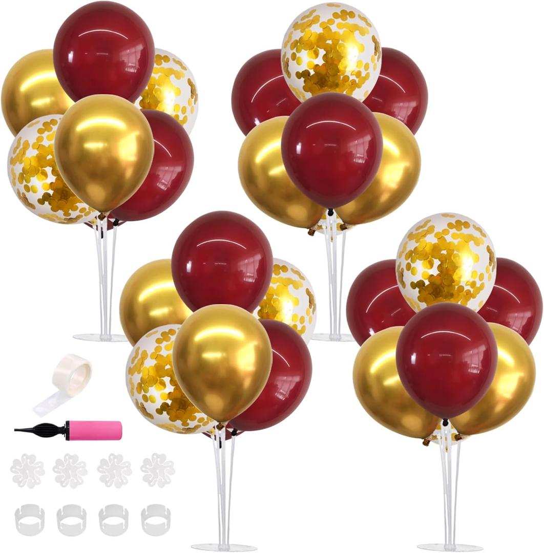 TONIFUL 4 Set Burgundy Red Gold Balloon Centerpieces for Table,Balloon Stand Kit for Graduation Decorations 2026,Christmas,2026 New Year's Eve,Anniversary,Casino,Thanksgiving,Birthday Decorations