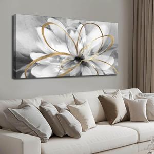SOUGUAN Black and Grey Wall Decor Flower Art Work 20x40 Inch Line Paintings for Living Room Bedroom Office Wall Decorations (White)