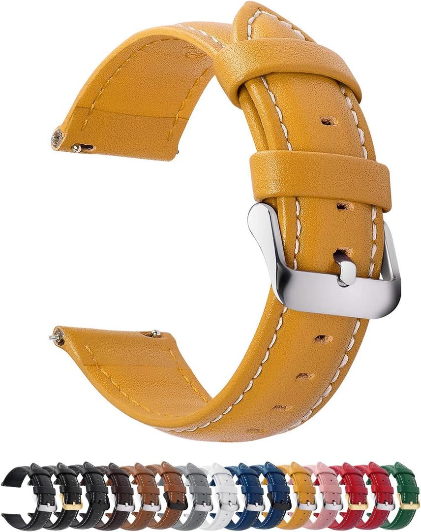 Fullmosa Watch Straps 20mm, Axus Series Leather Strap Replacement Watch Strap with Stainless Steel Metal Clasp for Men Women 14/16/18/20/22/24mm, Yellow 20mm (Yellow+Silver Buckle)