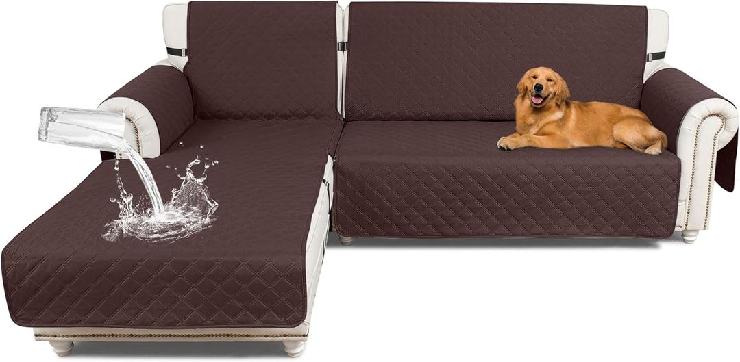 Sectional Couch Covers 100% Waterproof L Shaped Sofa Slipcover Reversible Chaise Lounge Cover for Sectional Sofa Cover for Pets Cat Dog Kids Family (Large, Deep Brown)