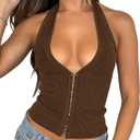 Fallorchid Womens Sleeveless Tank Tops Sexy Y2k Halter V Neck Ribbed Kint Crop Top, Size L