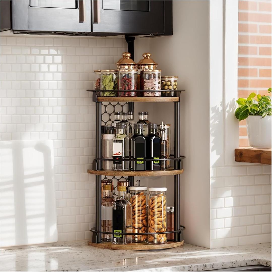 3 Tier Wood Lazy Susan Organizer, 360 Rotating Spice Rack, Spice Turntable Organizer, Industrial Turntable Spice Holder, for Kitchen Countertop and Cabinet