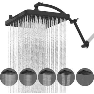 Hibbent Rain Shower Head, 13'' High Pressure Rainfall 5 Spray Mode Showerhead with 16" Shower Head Extension Arm, Solid Brass Adjustable Shower Arm Extender, Waterfall fixed Showerheads, Matte Black