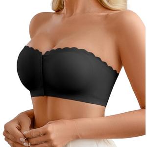DEANGELMON Strapless Bra for Women Front Closure Non-Slip Padded Bandeau Bras Comfortable Wavy Edge Tube Top Bralette(1P2,L) Black, L