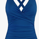 Women's Underwire Tankini Top Tummy Control Bathing Suits Sexy V Neck Crossover Swim Top Only, Blue,  M/L