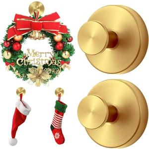 Ornament Hooks,Upgraded Suction Cup Hooks, Wreath Hangers for Front Door, Towel Racks, 2 in 1 Mantle Hanger, No Drill Garland Fireplace Stocking Hanger, for Christmas, Holiday, New Year(Gold, 2)