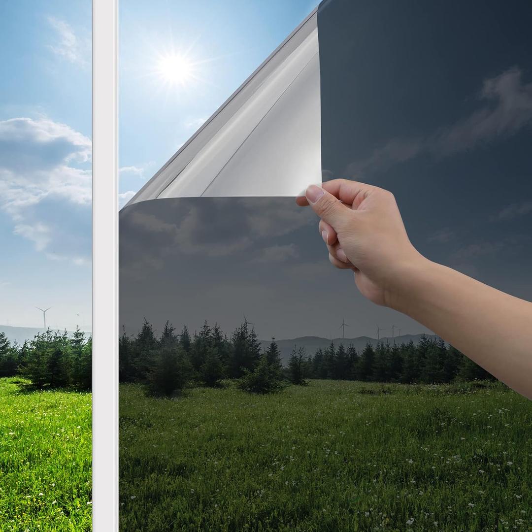Haton Window Privacy Film One Way Window Tint for Home, Sun UV Blocking Heat Control Reflective Mirror Film, No Glue Static Cling See Out Not in Glass Door Covering, Black Silver, 29.5" x 78.7"