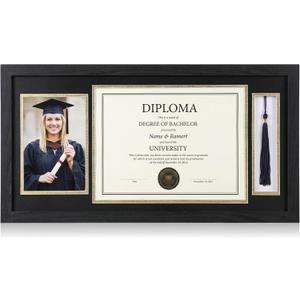 Briwooody 11x22 Diploma Frame with Tassel Holder for 8.5x11 Certificate and 5x7 Photo with Black over Gold Mat, High Definition Glass with Gold Beads