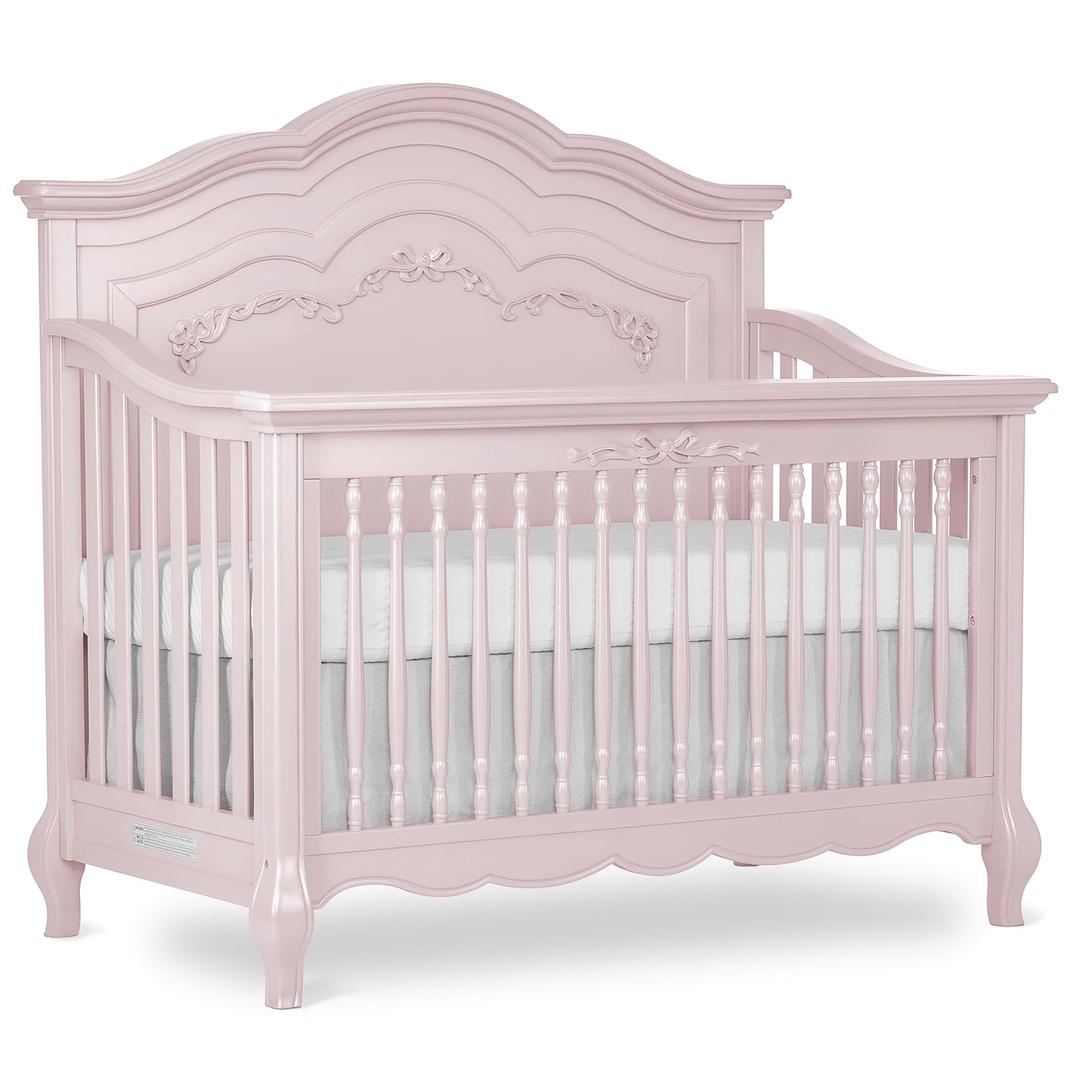Evolur Aurora 5-in-1 Convertible Full-Size Baby Crib in Dusty Rose, GreenGuard Gold & JPMA, 3 Mattress Heights, Ribbon Bow Scrollwork & Queen Anne Feet, Converts to Toddler, Day & Full-Size Bed