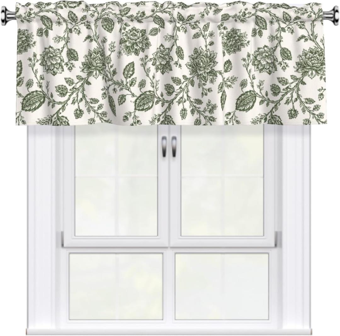 Sage Green Floral Valances for Windows Traditional Flowers Print Kitchen Curtain Farmhouse Country Rustic Valance with Rod Pocket Light Filtering Polyester Valance 54 x 18 Inch, 1 Pack