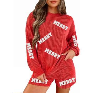 UNIQUEONE Christmas 2 Piece Sequin Outfits Women Merry Sweatshirt and Shorts Set Christmas Pajamas Holiday Set (Medium)