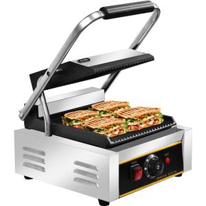 SICHI Commercial Panini Press - 1800W Commercial Electric Panini Sandwich Grill w/Nonstick Coating &Adjustable Temp, Panini Grill Press w/ 9"x9" Cooking Pan, Removable Drip Tray, Double-sided Heating