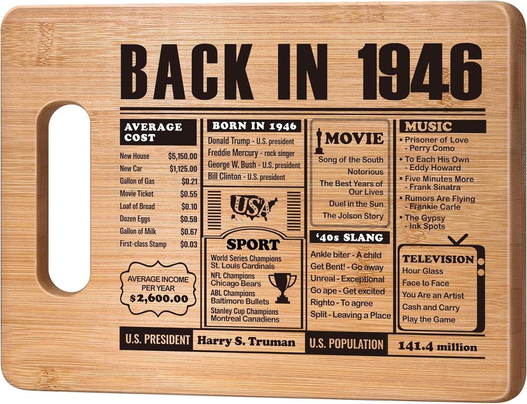 80th Birthday Gifts for Women Men,80 Year Old Birthday Gifts Woman Man,80 Years Gifts for Mom Dad Grandparents Wedding Anniversary,Back In 1946 80s Birthday Decorations Engraved Bamboo Cutting Board