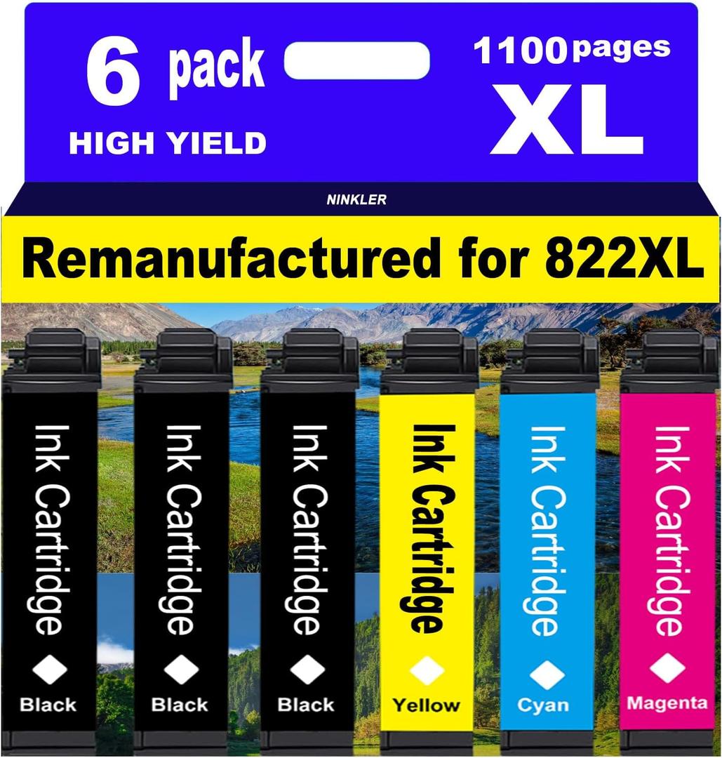 for 822XL Remanufactured for Epson 822 Ink Cartridges Pro WF-3820 WF-3823 WF-4820 WF-4830 WF-4833 WF-4834 Printer 6 Pack