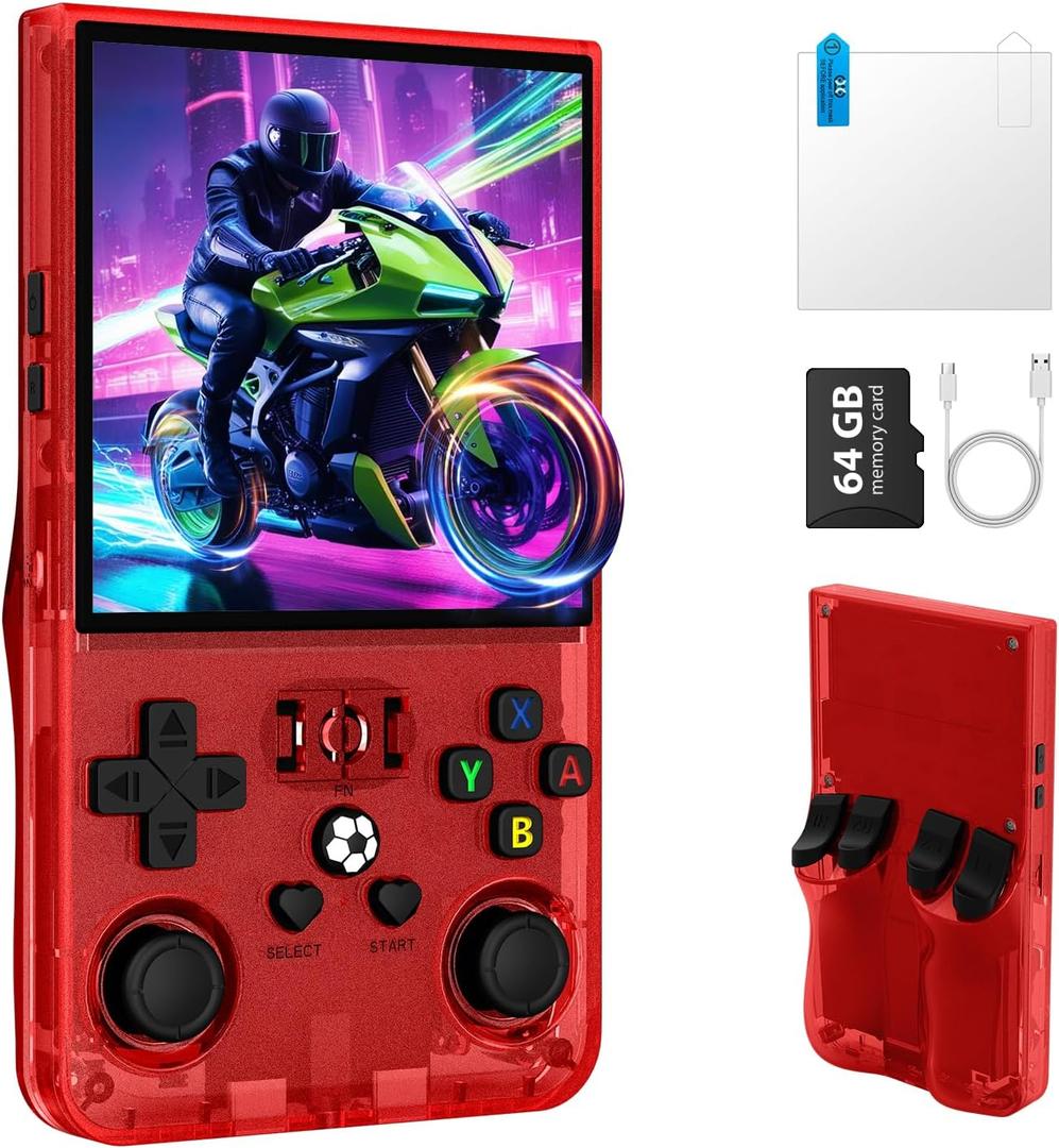 R36MAX Retro Handheld Game Console, Portable Retro Gaming Console 4.0'' IPS HD Screen and Linux System, Support 30+ Emulator and 64GB TF Card Video Game Consoles, 4000mAh Battery (Red 64GB)