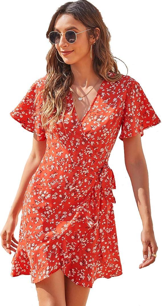 Women's Sexy V Neck Wrap Tie Knot Front Ruffle Mini Dress Belt Flare Sleeve Floral Flowy Swing Beach Sundresses, Size S