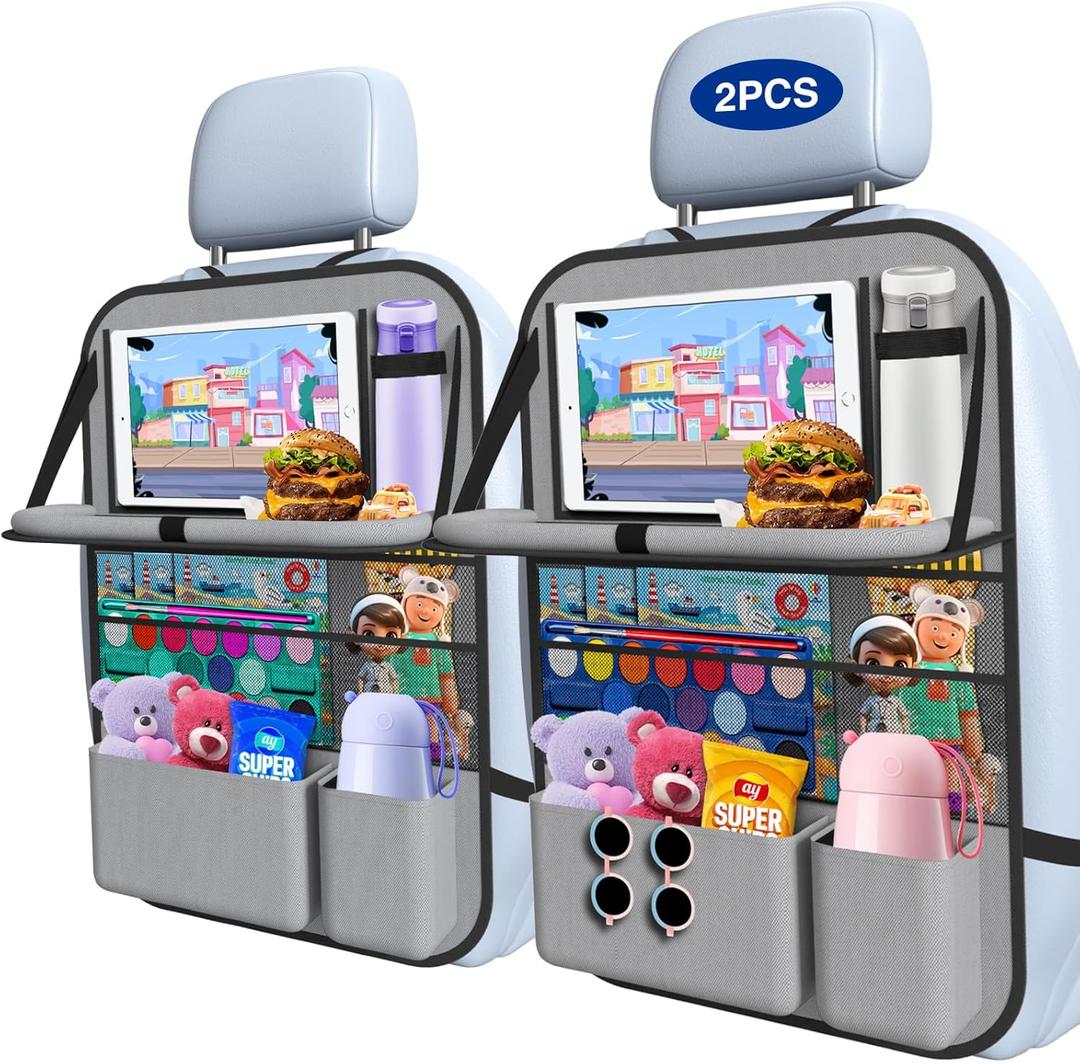 2 PACK-Car Backseat Organizer with Touch Screen Tablet Holder,9 Storage Pockets Storage Organizer with Foldable Food Tray, Protector Kick Mats for Kids, Travel Accessories Organizer (Grey)