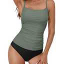 Eomenie Women's Swimsuit Tankini Tummy Control Bathing Suits Two Piece Full Coverage Slim Swim Suits with High Waisted Bottom Green and Black, M