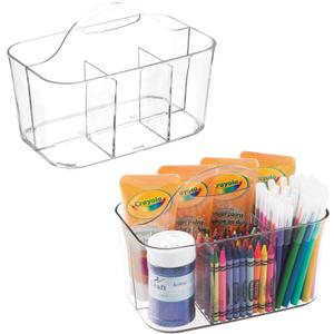 mDesign Plastic Portable Craft Storage Organizer Caddy Tote, Divided Basket Bin with Handle for Crafts, Sewing, Art Supplies - Holds Brushes, Colored Pencils - Lumiere Collection - 2 Pack - Clear