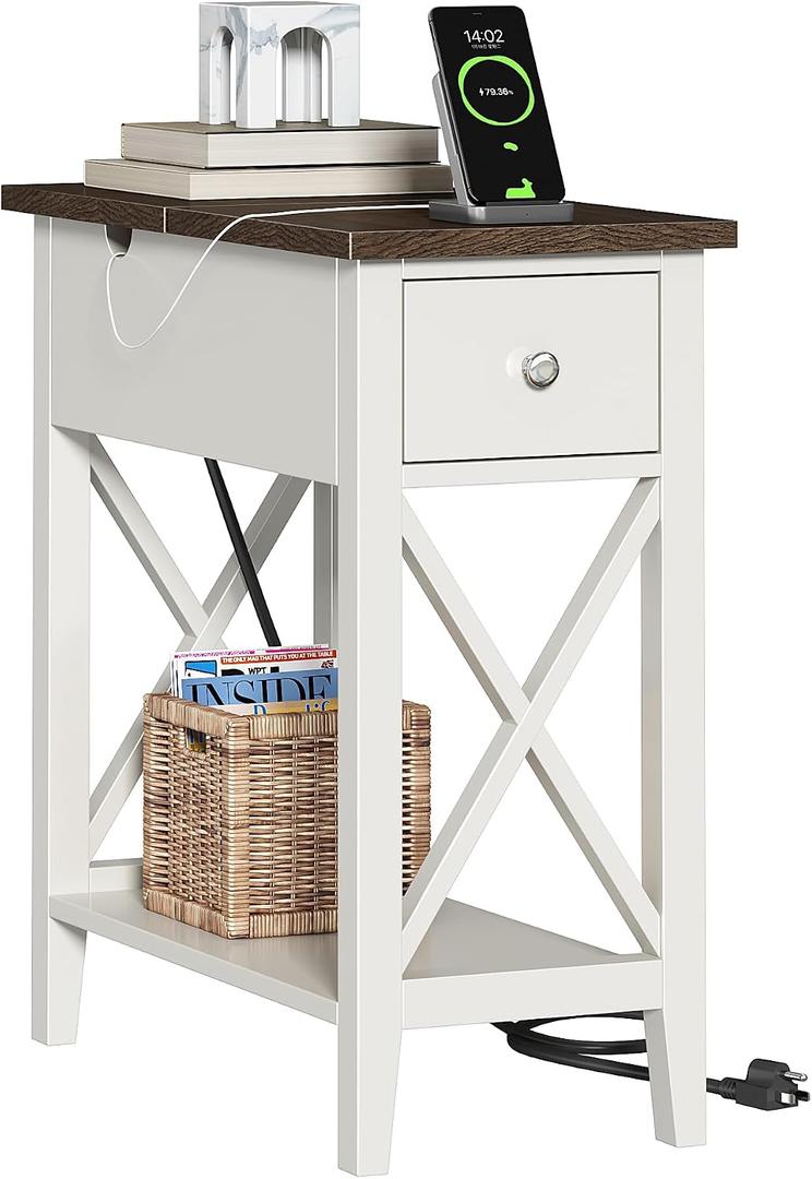 ChooChoo Farmhouse End Table with Charging Station, Accent Small Side Table Nightstand for Living Room, Bedroom, and Small Spaces, Soft White, 1 Pack
