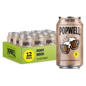 Popwell Root Beer Better-For-You Prebiotic Soda, with 6g Fiber, 1g Sugar, Vitamins and Immunity Support, 12 fl oz Cans (pack of 12), BB 04-26-26