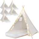 6 Pack Teepee Tent for Kids [Thickened] with Light String and Inflatable Airbed, Slumber Party Tents, Sleepover Tents Party for Girls Boys Indoor Outdoor (White)