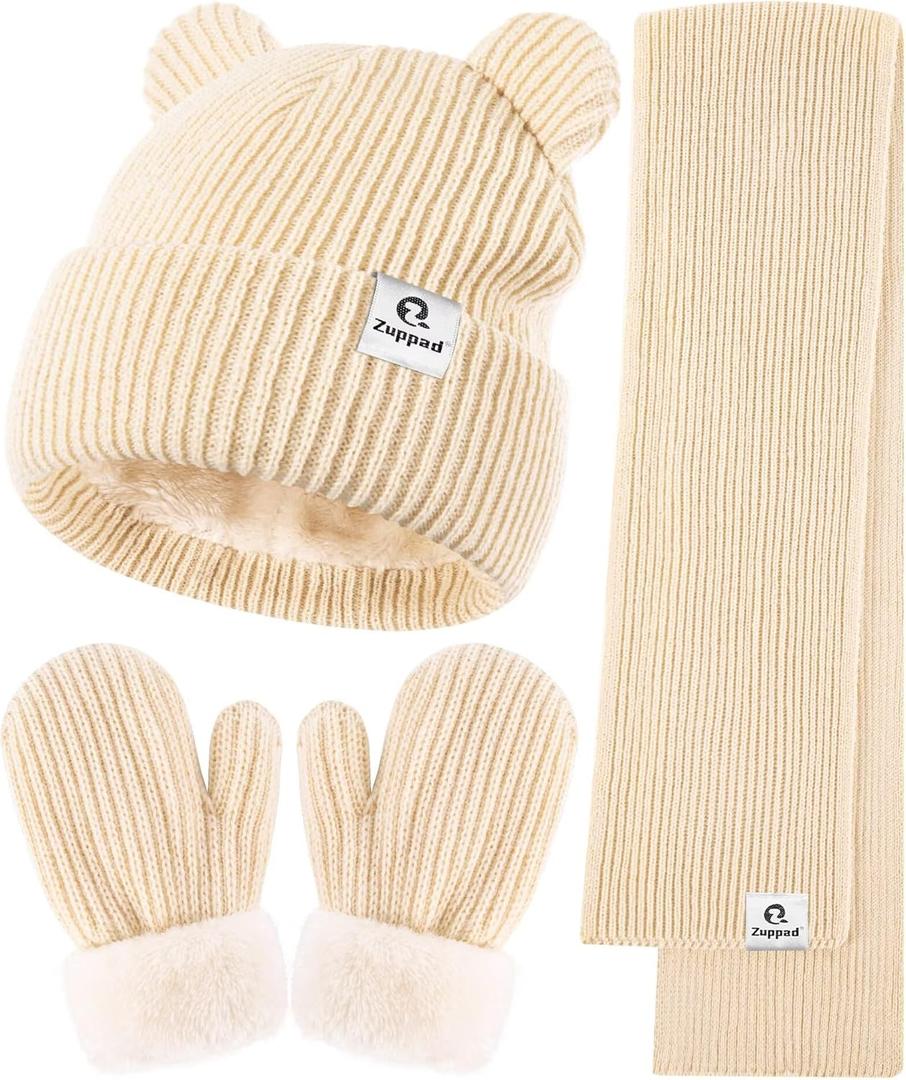 Baby Beanie Mittens Scarf Set,Toddler Infant Kids Winter Hat with Bear Ear Thermal Gloves Neck Warmer Set for Girls Boys (6-36 Months, Beige)