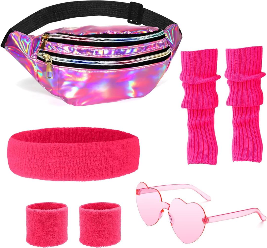80s Workout Outfit for Women Neon Leg Warmers Headband Wristbands Holographic Fanny Pack Sunglasses for Yoga Running (Rose)
