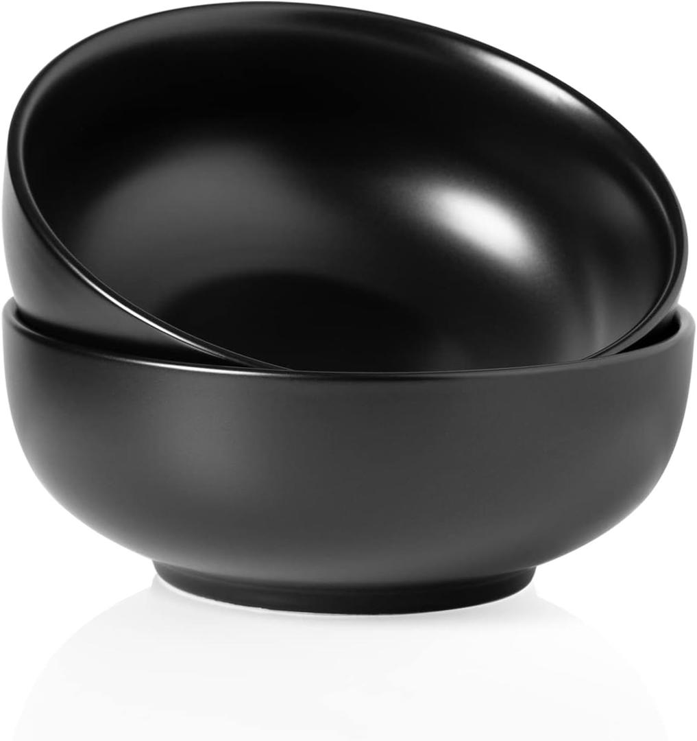 Kanwone Large Serving Bowls - 55 Ounce, Ceramic Salad Bowls, Pasta, Porcelain Soup Bowls, Set of 2, Serving Dishes for Entertaining, Microwave and Dishwasher Safe, Matte Black, Housewarming Gift (8 Inch)