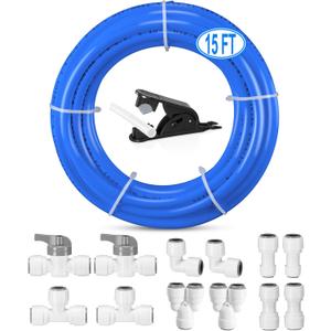 3/8" O.D.RO Water Tubing,15FT Food Grade PE Water Line+12Pcs 3/8" Quick Connect Fittings for RO Reverse Osmosis Water Purifier Filter System(Plastic Tubing+Ball Valve+T+Y+L+I+1/4"-3/8" fitting+Cutter)
