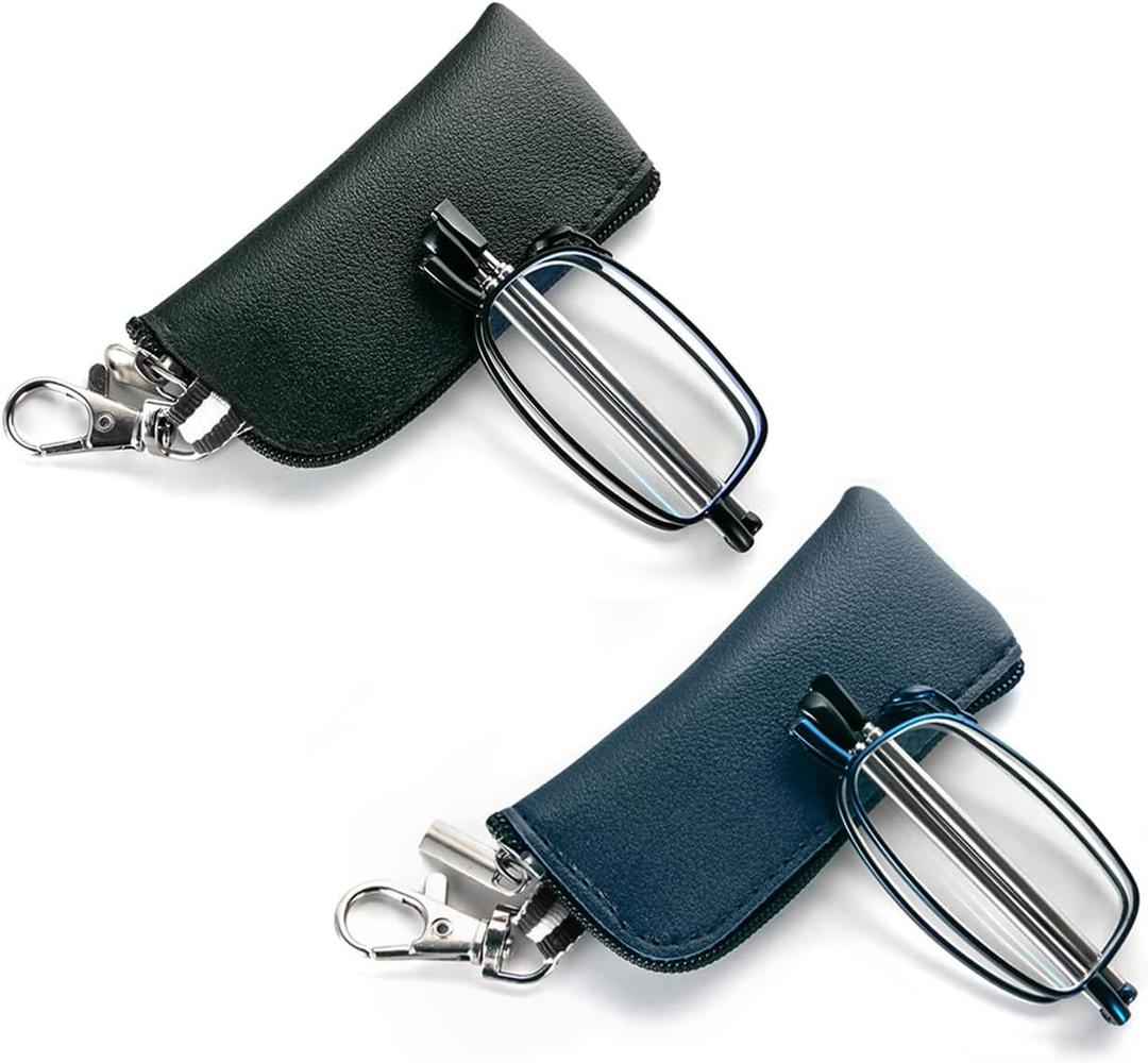 2 Pack Folding Reading Glasses for Men Women with Keychain Compact Bags Blue Light Blocking Portable Pocket Computer Readers,Black and Blue 1.25