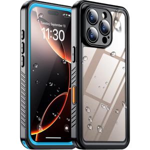 Temdan Compatible with iPhone 16 Pro Max Case Waterproof, Built-in Screen & Camera Protector IP68 Underwater Full Body 16FT Military Dropproof Shockproof Phone Case 6.9"-Blue/Clear