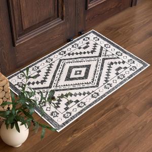 Moroccan Washable Entryway Rug 2x3, Geometric Decorative Woven Area Rug, Non-Slip Boho Accent Soft Low-Pile Indoor Door Mat, Small Throw Rug for Bedroom Front Porch, Black and White