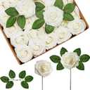 InnoGear Artificial Flowers, 50 Pcs Ivory White Foam Fake Roses Bulk with Stems for Decoration DIY Wedding Bouquets Centerpieces Bridal Shower Party Christmas Tree