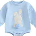 Toddler Baby Girl Clothes Cute Bunny Embroidery Long Sleeve Sweatshirt Romper Newborn Girl Boy Easter Outfit (0-6 Months, Blue)
