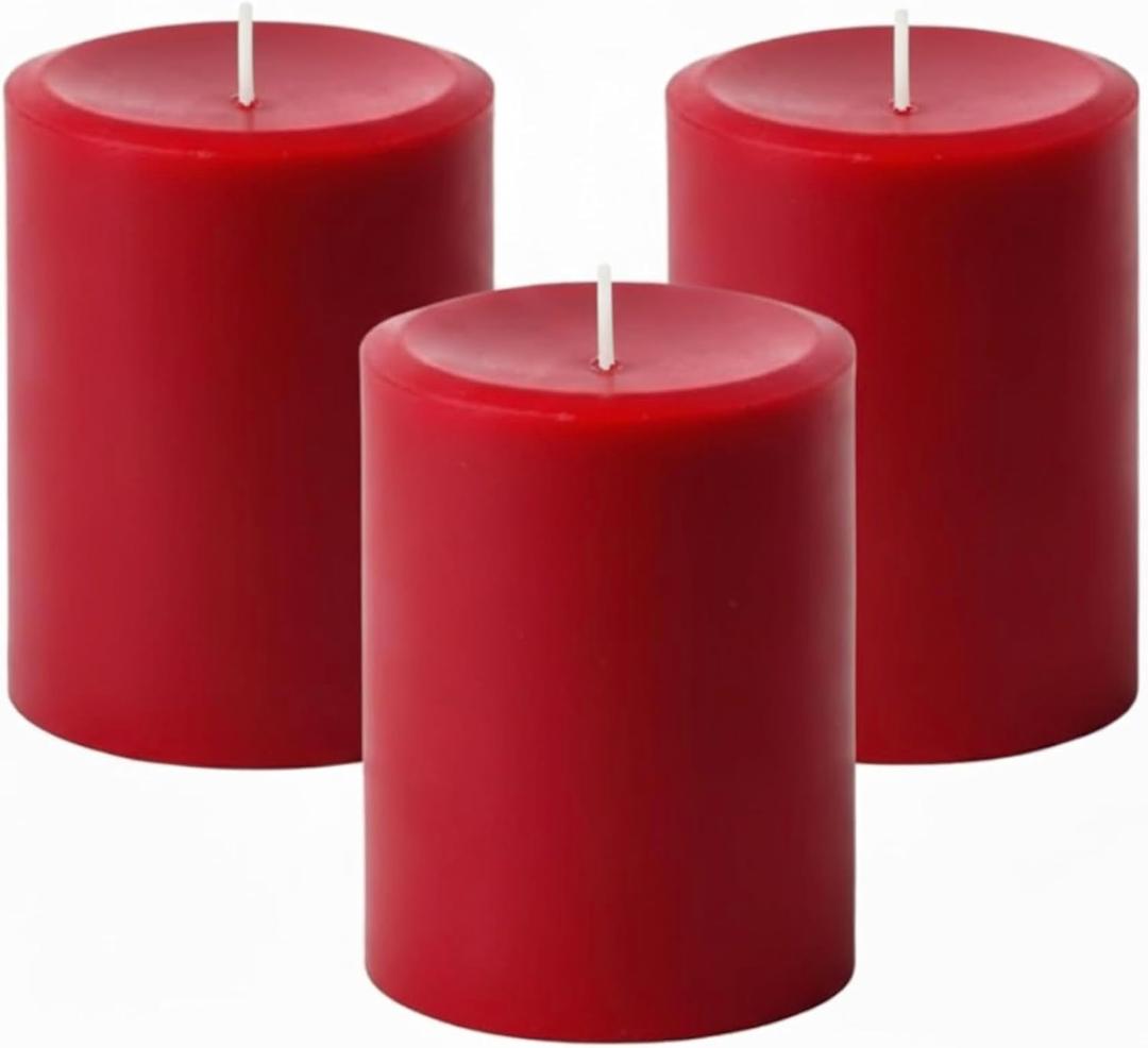 Mister Candle Dripless Unscented Pillar Candles, Set of 3 Hand Poured Solid Color Non-Scented Candles for Home Decor, Premium Wax, 60 Hr Burn Time - 3x4 Inch, Red