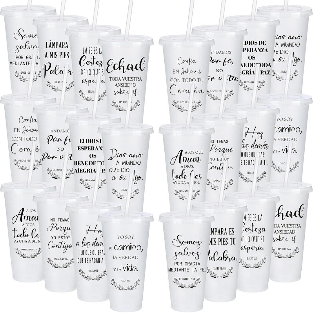 24 Packs Inspirational Christian Gift for Women Men Spanish Bible Verse Tumbler Bulk 24 oz Plastic Tumblers with Lids and Straw Religious Cup Church Gifts for Sunday School (White Glitter)