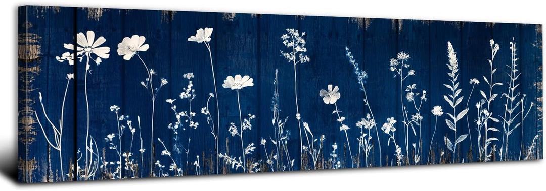 Navy Blue Botanical Wall Art Boho Flower Wall Decor Minimalist Wildflower Canvas Prints Vintage Farmhouse White Floral Painting Abstract Nature Plant Artwork for Bathroom Bedroom Decorations 14x48"